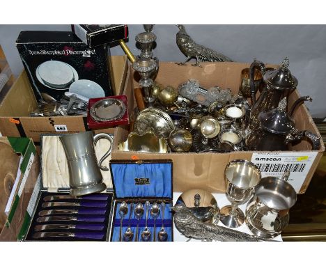 TWO BOXES OF SILVER PLATED AND OTHER METALWARES, to include boxed placemat and coaster sets, a Viners tea and coffee set, a t