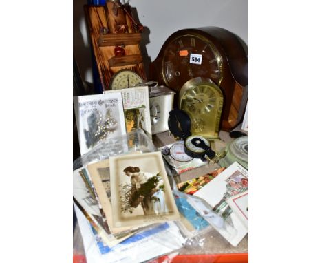 A MID 20TH CENTURY SMITHS WALNUT CASED DOME TOP CHIMING MANTEL CLOCK, POSTCARDS, QUARTZ CLOCKS, BAROMETERS, ETC, the Smiths c