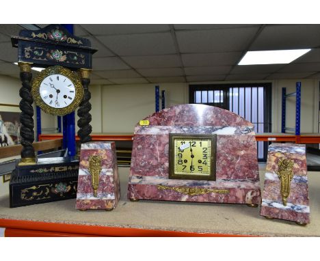 AN ART DECO MARBLE CLOCK GARNITURE AND A LATE 19TH CENTURY EBONISED AND INLAID MANTEL CLOCK, the clock garniture with bands o