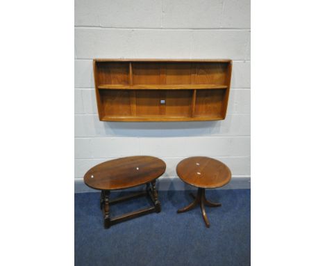 AN ERCOL GOLDEN DAWN HANGING PLATE RACK, width 107cm x height 49cm, a Jentique occasional table and an oak oval occasional ta