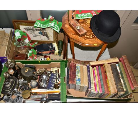 THREE BOXES AND LOOSE BOOKS, TOYS, METALWARES, MUSICAL TABLE AND SUNDRY ITEMS, to include a small twelve sided musical table 