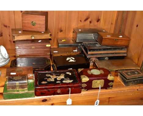 SEVENTEEN ASSORTED WOODEN, METAL AND LACQUER BOXES, late 19th century to modern in date, including cigarette boxes, cash tins