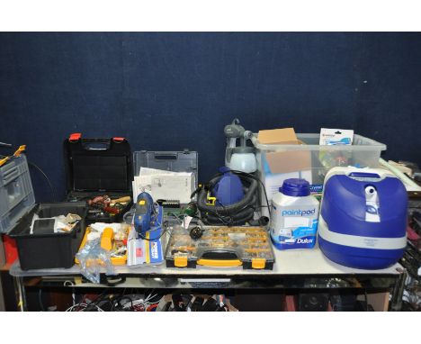 A COLLECTION OF POWER TOOLS AND DECORATING EQUIPMENT including an incomplete Dulux Paint Pod (no pipework), an Earlex HVLP sp
