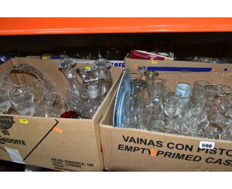 FOUR BOXES OF ASSORTED GLASSWARE, including plain drinking glasses, vases, decanters, jugs, plates, lamp shade, etc (4 boxes)