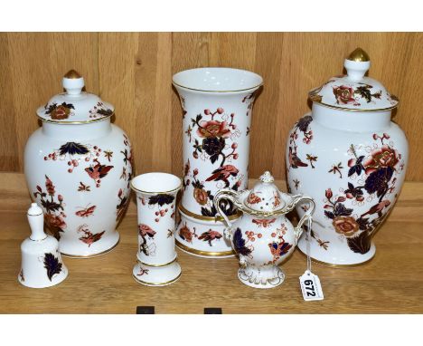 SIX PIECES OF COALPORT HONG KONG PATTERN CERAMIC WARES, comprising two covered vases heights approximately 24cm and 28cm, a t