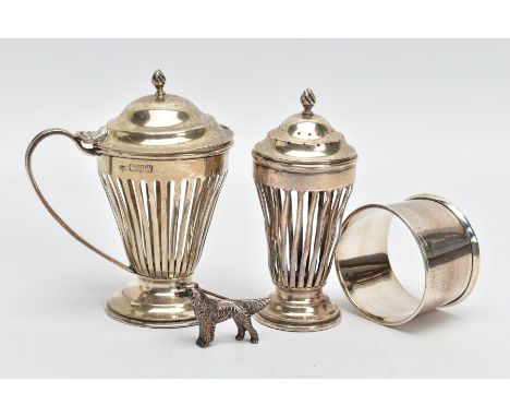 FOUR SILVER ITEMS, to include an openwork mustard with cover (missing glass insert) hallmarked 'Haseler &amp; Bill' Chester 1