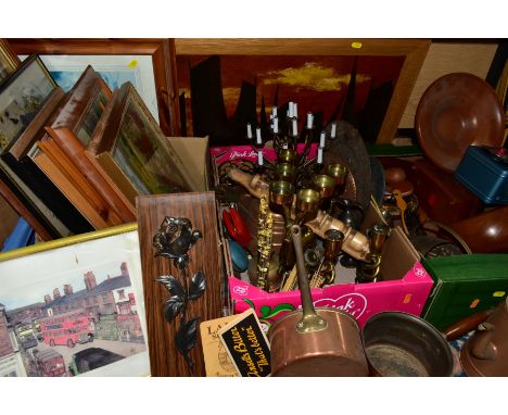 FOUR BOXES AND LOOSE METALWARES, PICTURES AND SUNDRY ITEMS, to include two small copper saucepans, a copper teapot, coffee po