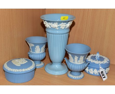 WEDGWOOD BLUE JASPER WARES ETC , comprising two small urns and two covered trinket dishes, together with a gloss glaze Queens