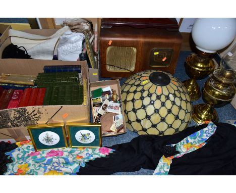 FOUR BOXES AND LOOSE BOOKS, LAMPS, PICTURES, VINTAGE RADIO, CLOCKS AND SUNDRY ITEMS, to include a large Ever-Ready radio in n