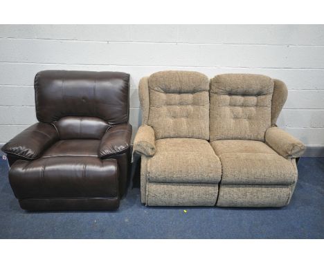 A BROWN LEATHER MANUAL RECLINING ARMCHAIR, width 102cm, along with a brown upholstered two seater settee, width 147cm (2)