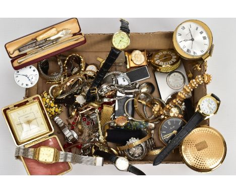 AN ASSORTMENT OF TIMEPIECES AND OTHER ITEMS, to include a selection of ladies and gents wristwatches, names to include Rotary