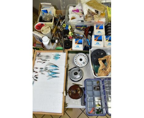 A BOX AND LOOSE FISHING AND FLY MAKING SUPPLIES, to include a Hardy Viscount 150 Mark II reel, an Intrepid Rimfly reel and an