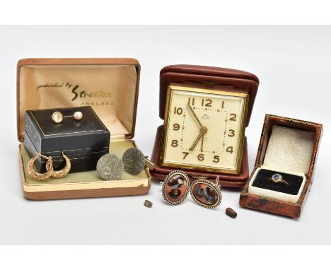 A SELECTION OF ITEMS, to include a pair of yellow metal hoop earrings with an engraved shamrock design (unmarked) 1.0 grams, 