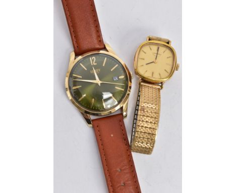 TWO GENTLEMENS WRISTWATCHES, the first with a hand wound movement, square gold dial signed 'Longines', baton markers, black h