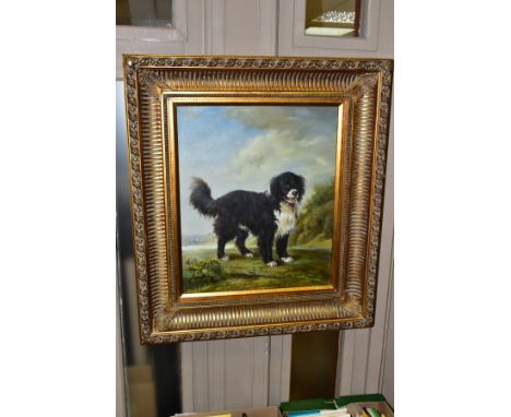 A LATER 20TH CENTURY FULL LENGTH PORTRAIT OF A DOG, painted in a 19th century style, unsigned, oil on canvas, substantial gil
