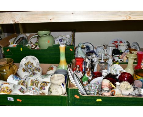 FOUR BOXES OF CERAMICS AND GLASSWARES, to include five pieces of Wedgwood Wild Strawberry gift wares comprising an 8.5cm vase