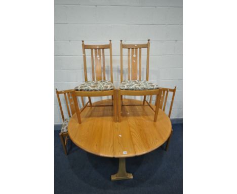 AN ERCOL CIRCULAR DROP LEAF DINING TABLE, open length 140cm x closed width 24cm x depth 129cm x height 72cm, along with a set