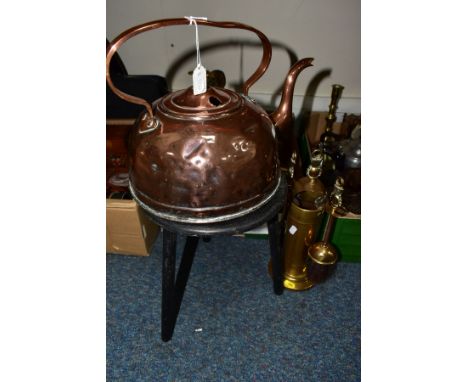 A BOX AND LOOSE OF COPPER, BRASS AND SILVER PLATE, ETC, including three copper kettles, a ship in a bottle, brass fireside co