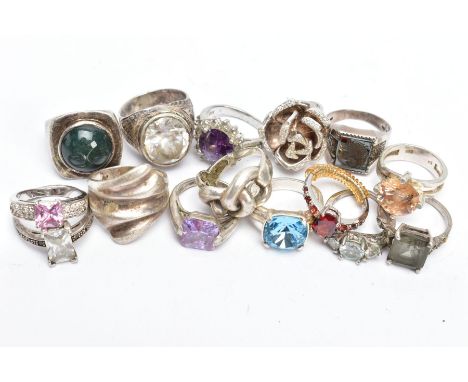 FIFTEEN WHITE METAL RINGS, of various styles and designs, some set with semi-precious stones or paste, nine stamped '925', fi