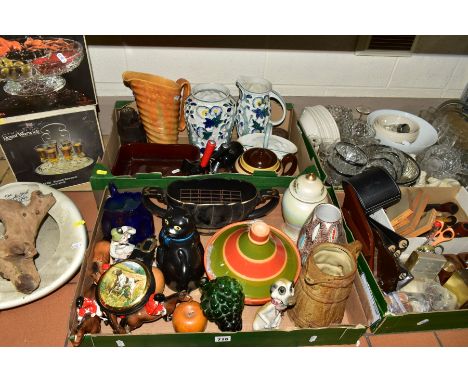 FOUR BOXES AND LOOSE CERAMICS, GLASS AND SUNDRY ITEMS, to include a Wood and Sons 'Pussyfoot' teapot, a mid 20th century Ital