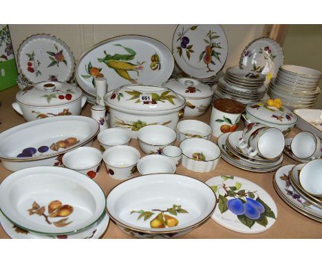 A ROYAL WORCESTER EVESHAM DINNER SERVICE AND COOKWARE, seventy seven pieces comprising six flan dishes, a meat plate, a souff