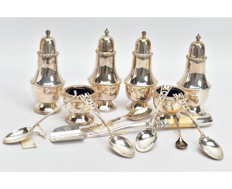 A SELECTION OF SILVER ITEMS, to include two pairs of pepperettes, plain polished design with beaded rims, each piece hallmark