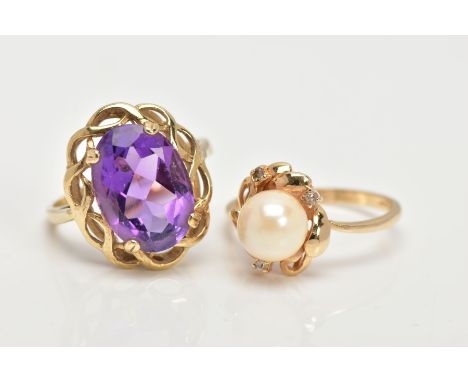 A 9CT GOLD AMETHYST RING AND A CULTURED PEARL RING, the first designed with a four claw set, oval cut amethyst measuring appr