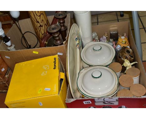 THREE BOXES OF CERAMICS, LAMPS AND SUNDRY ITEMS, to include a Royal Doulton Mr Toadflax DBH10, a Beswick Goody Tiptoes, Royal