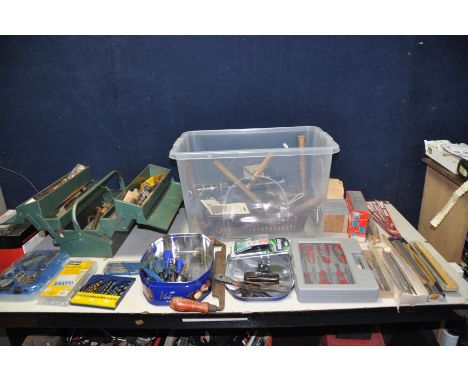 A METAL TOOLBOX AND A PLASTIC BOX CONTAINING TOOLS including a Leatherman multitool in leather case, a vintage drawknife, fiv