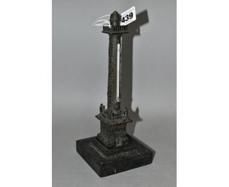 A 19TH CENTURY BRONZE GRAND TOUR DESK THERMOMETER, modelled on the Vendome column, Paris, missing figure from the top and the