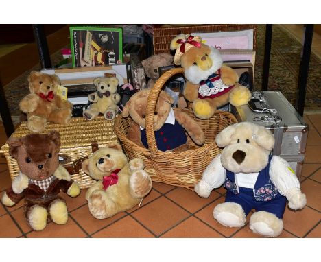 A BOX AND LOOSE PICTURE FRAMES, PICNIC HAMPERS, TEDDY BEARS, MEN'S SLIPPERS AND SUNDRY ITEMS, to include two picnic hampers, 