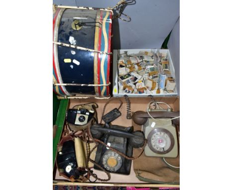 TWO BOXES AND LOOSE VINTAGE TELEPHONES, DRUM, CIGARETTE CARDS ETC, to include a TR Services, mid twentieth century, black rot