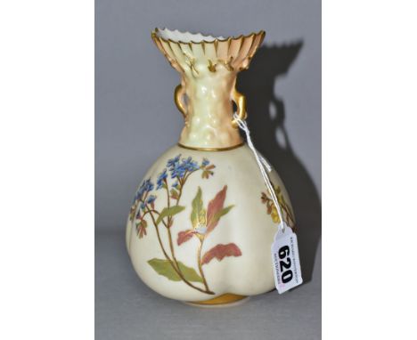 A ROYAL WORCESTER BLUSH IVORY LOBED BODY VASE, the neck rising to an oval frilled rim, floral and berry decoration to the bod