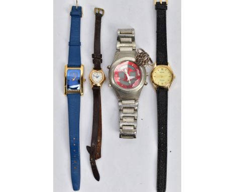 FOUR FASHION WRISTWATCHES AND A RING, to include a gentlemens quartz wristwatch, a ladies 'Sekonda' fitted with a black strap