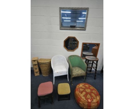 A SELECTION OF OCCASIONAL FURNITURE, to include a stained beech bar stool, two Lloyd loom style chairs, three various wall mi