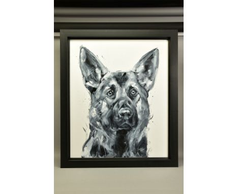 JENNIFER HOGWOOD (BRITISH 1980) 'GERMAN SHEPHERD SPARKLE', a monochrome portrait of an Alsatian dog, sprinkled with 'diamond 