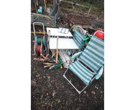 A SELECTION OF GARDEN MISCELLANEOUS, to include two folding tables, two folding deck chairs, two hose reels with hoses, a gaz