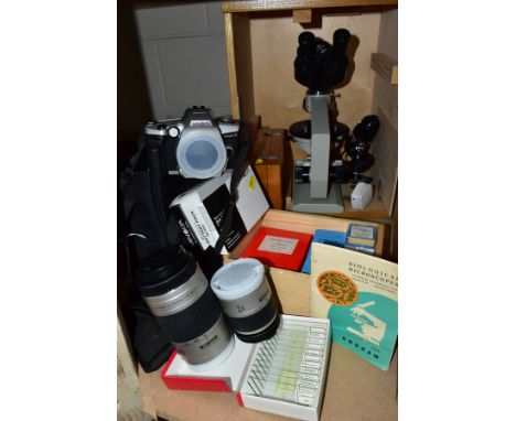 A MICROSCOPE, SLIDES AND CAMERA, to include a Russian Lomo Biolam microscope in wooden case, with lamp, instructions, insect 