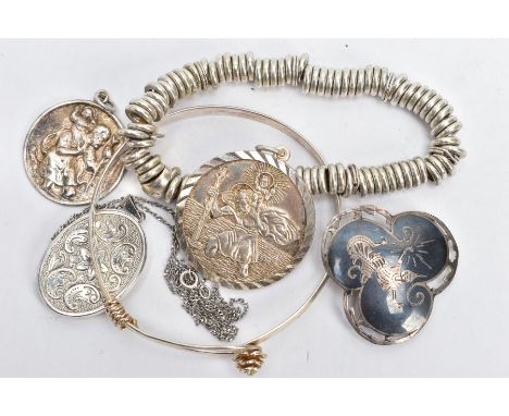 SIX PIECES OF JEWELLERY, to include a 'Links London' bracelet stamped S925, a white metal bangle with a floral clasp stamped 