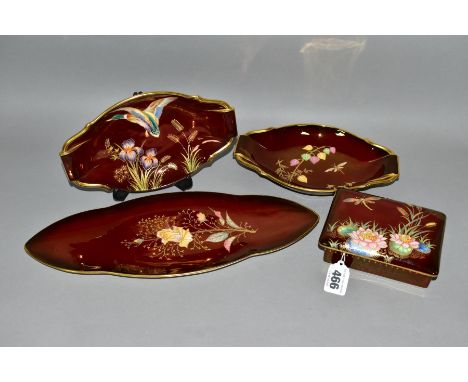 FOUR PIECES OF CARLTON WARE ROUGE ROYALE, decorated in Bullrushes, Duck in flight, Rosebud and a Physalis with dragonfly, com