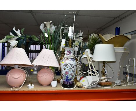 A GROUP OF TABLE LAMPS, LAMPSHADES AND VASES, to include six late 20th century/contemporary table lamps of different styles a