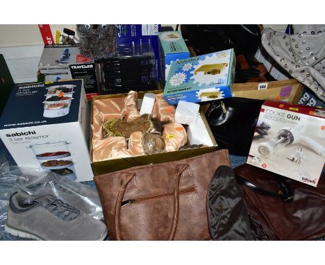 TWO BOXES AND LOOSE HOUSEHOLD GOODS, HANDBAGS, ETC, including a cookie gun, a three tier steamer, a folding parking post, a U