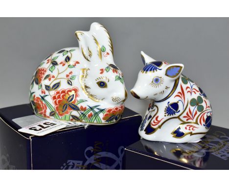 TWO BOXED ROYAL CROWN DERBY PAPERWEIGHTS, comprising a Collectors Guild 'Meadow Rabbit' and a Sitting Piglet, both first qual