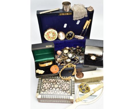 A JEWELLERY BOX OF ASSORTED  ITEMS, to include two Wedgwood pendants and a Wedgwood brooch, a Victorian ivory brush and mirro