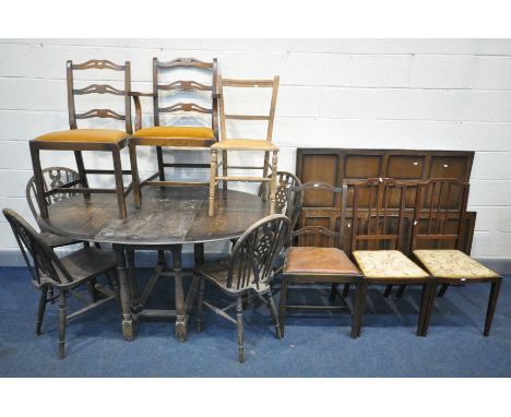 AN OAK GATE LEG TABLE, four wheel back chairs, six other chairs and an oak 4ft6 bedstead (11)