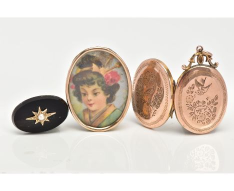 A LOCKET AND TWO OTHER ITEMS,  to include an oval locket with floral and bird detail, fitted with a decorative bail and jump 