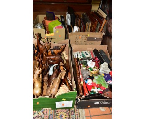 FOUR BOXES AND LOOSE TREEN, CHRISTMAS DECORATIONS, PICTURES AND SUNDRY ITEMS, to include wooden animals, birds, barometer, tr