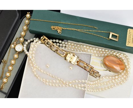 A BAG OF ASSORTED ITEMS, to include a boxed cultured pearl necklace and earring set, a ladys boxed fashion wristwatch and nec