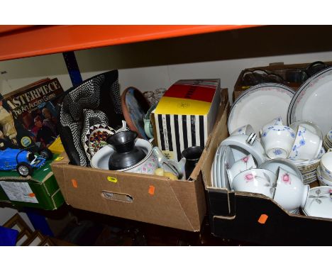 FOUR BOXES OF TEA WARES, GLASSWARE, TOYS, GAMES, MODEL VEHICLES, ETC, including a Noritake 'Rosemarie' part tea set, a Ridgwa