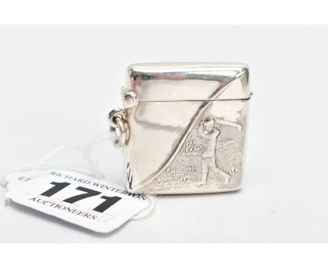 A SILVER VESTA CASE, detailing a person playing golf on each side, approximate length 33mm, approximate width 30mm, hallmarke